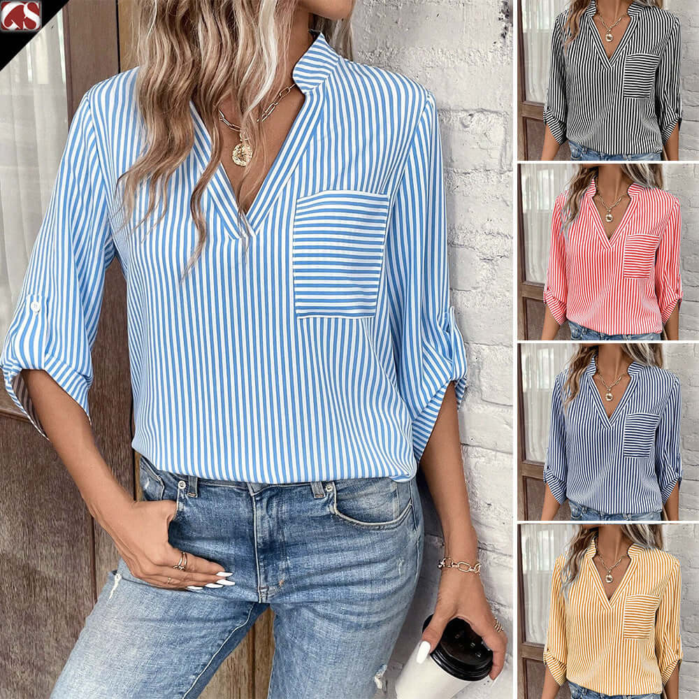 Women's V Neck Pullover Striped Printed Long Sleeves Casual Shirt