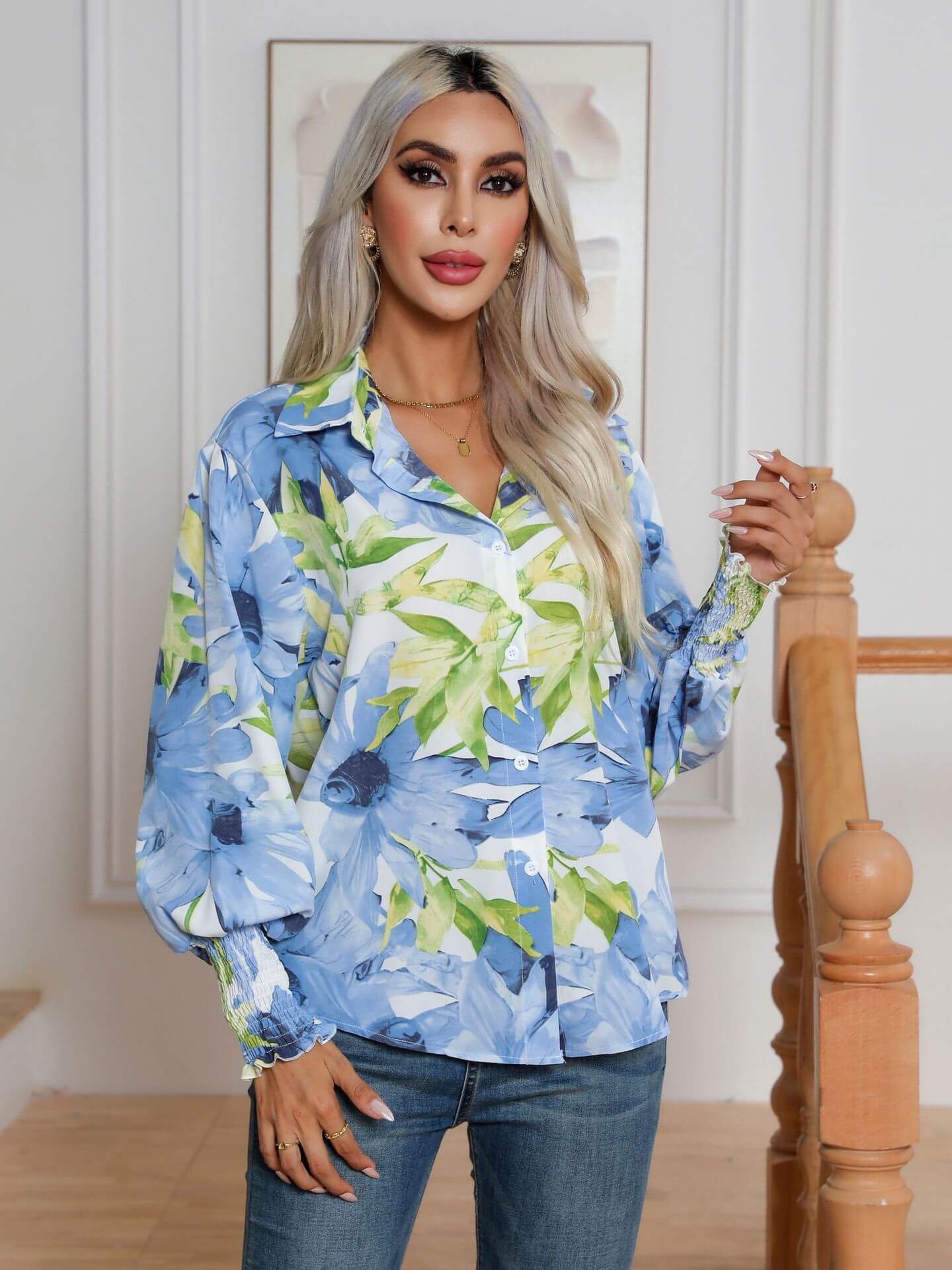 Fashion Printing Lantern Sleeve Shirt Women