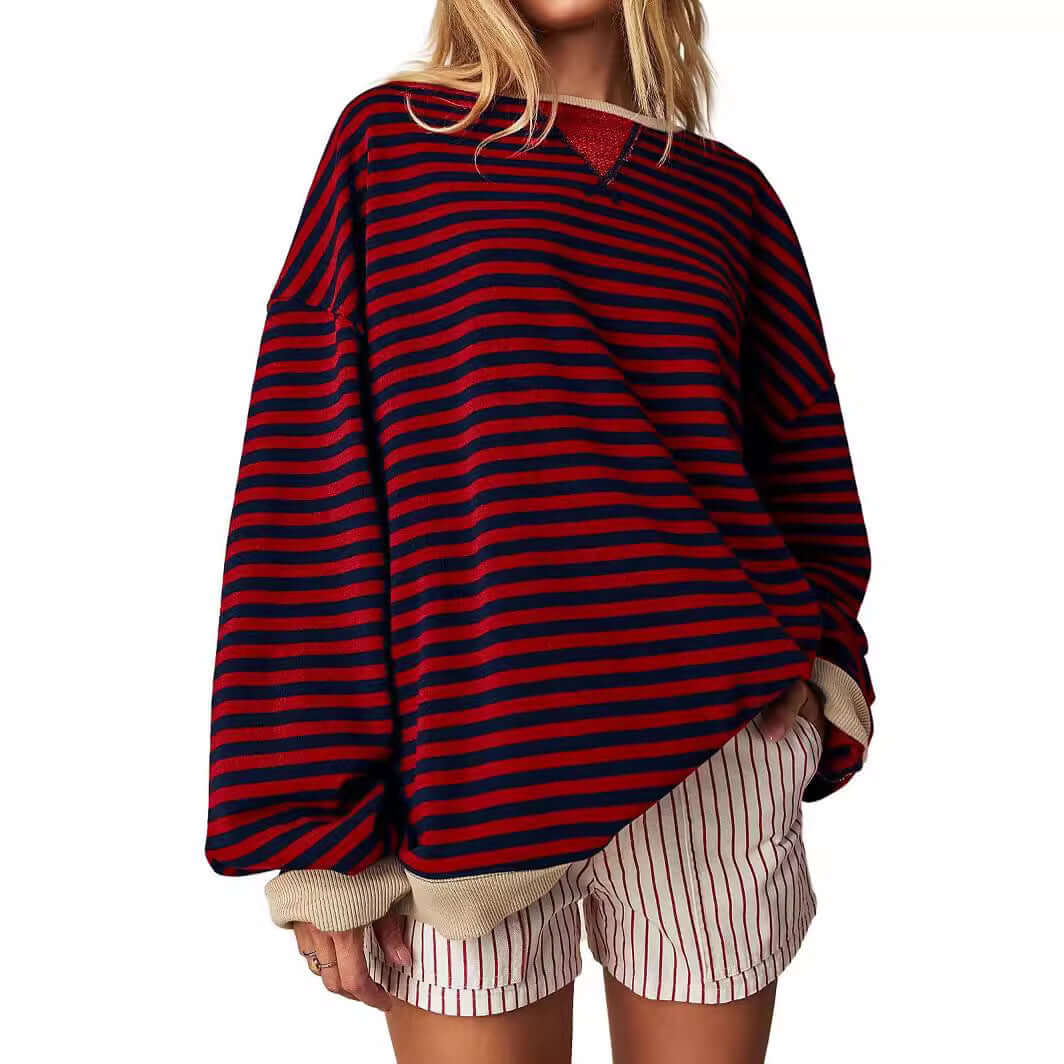 Women's Striped Embroidered Stitching Color Inserted Pullover Sweater