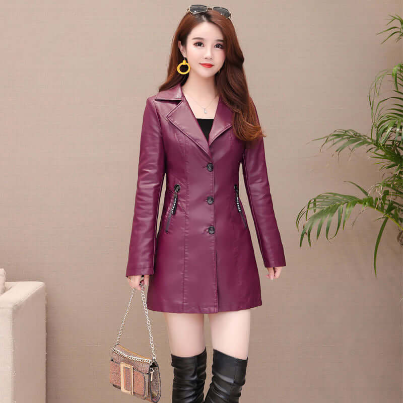 Women's Mid Length Leather Coat Thickened Cotton