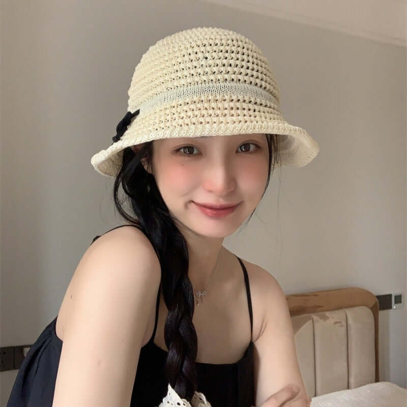 Summer Outing Hollow Out Bow Straw Hat Women's Japanese Style