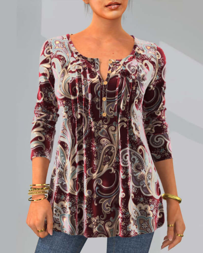 Fashion Print Round Neck Long Sleeve Top