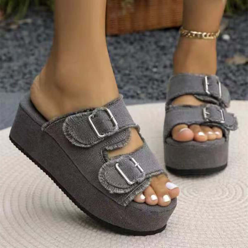 Denim Buckle Thick Bottom Camouflage Wedges