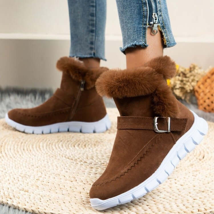 New Snow Boots Winter Warm Thickened Solid Color Plush Ankle Boots With Buckle Design Plus Velvet Flat Shoes