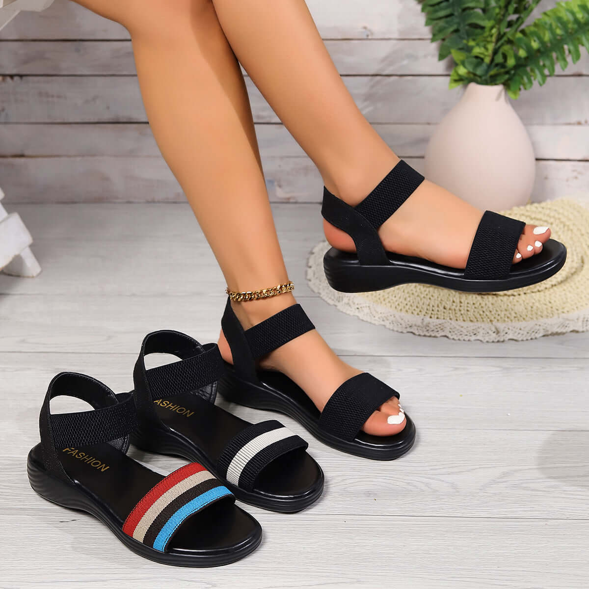 Color Block Elastic Sandals Summer Fashion Fish Mouth Flat Shoes