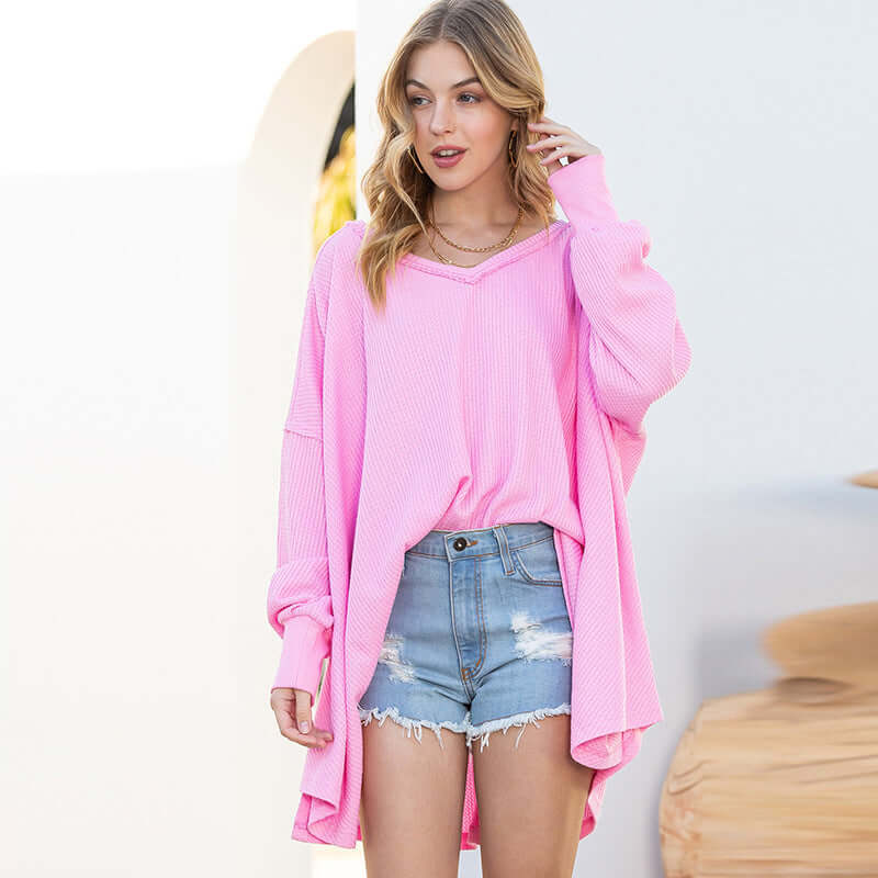 Solid Color Exposed Loose Long Sleeved Sweater