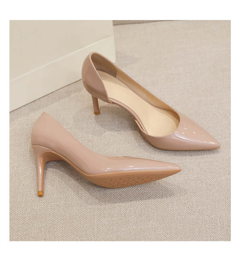 Patent Leather Side Empty Nude Ladies Stiletto High Heel