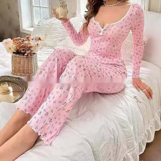 Small Floral Print Lettuce Edge Lace Collar Button Pyjamas Suit