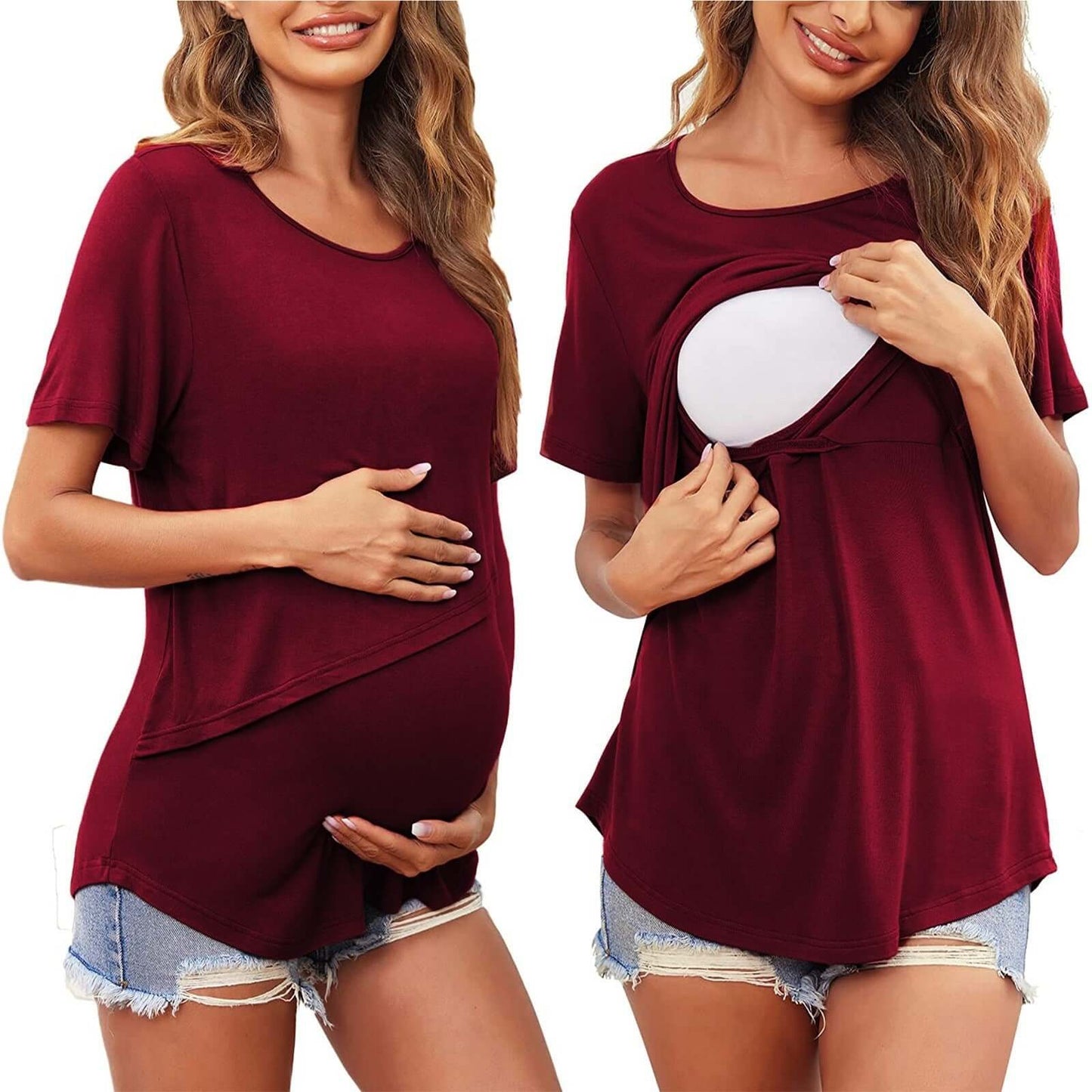 Camiseta de maternidad de color liso con cuello redondo y mangas cortas para amamantar