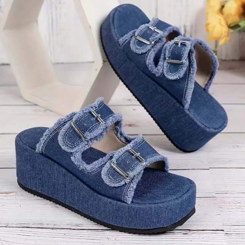 Denim Buckle Thick Bottom Camouflage Wedges