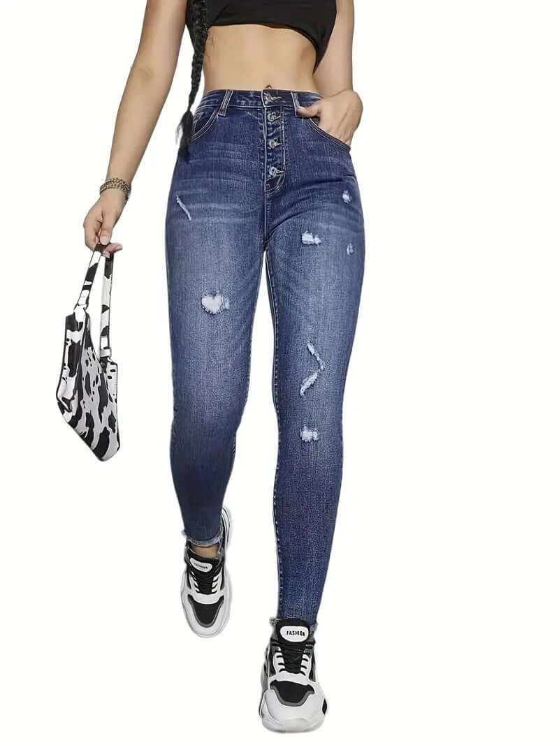 Women's High Waist Tight Pencil Ripped Jeans