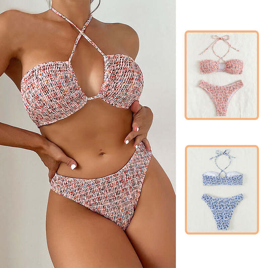 Summer Flowers Pleated Design Beach Fashion Halter Neck Swimsuit