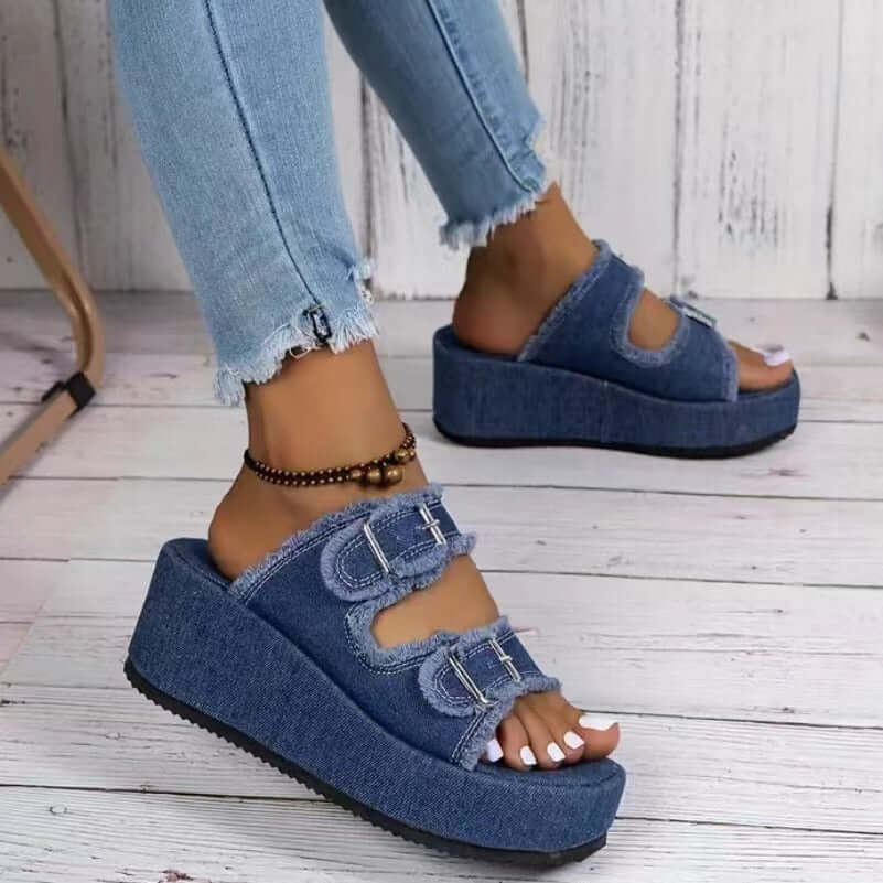 Denim Buckle Thick Bottom Camouflage Wedges