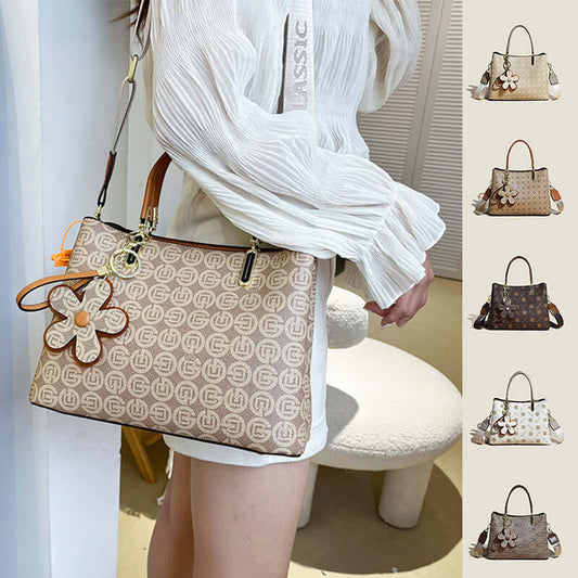 Printed Tote Bag With Flower Pendant Shoulder Crossbody Bag