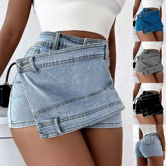 Street Vintage Denim Shorts Stretch Overlap Asymmetrical