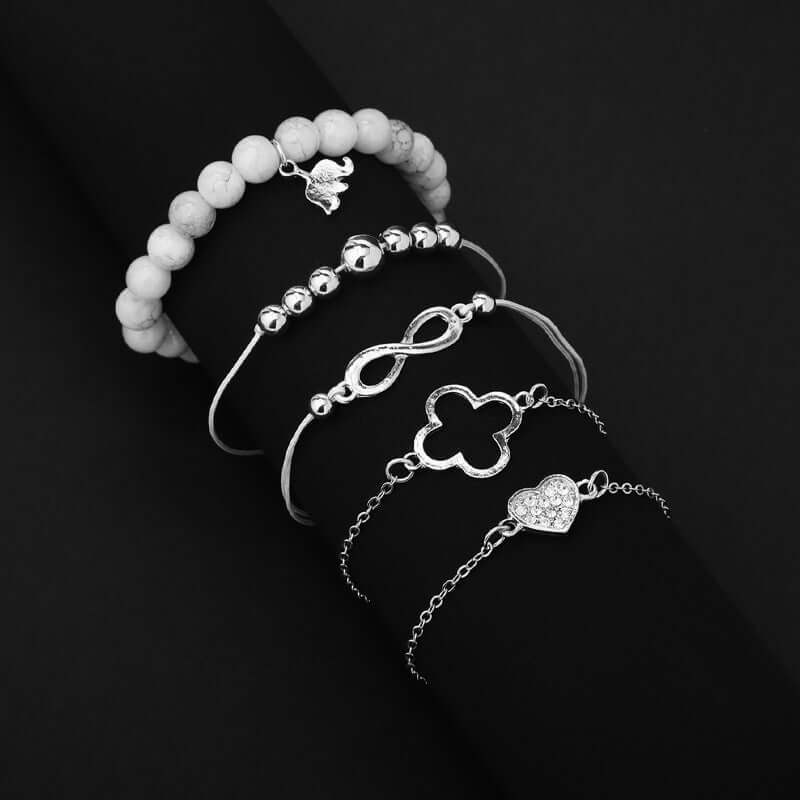 Pulsera creativa de cinco piezas con forma de elefante, corazón de diamantes y ocho caracteres para mujer