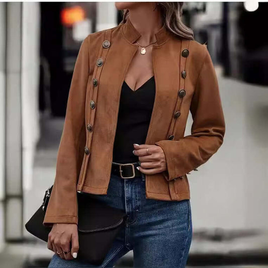 Women's Solid Color Double Breasted Decorative Deerskin Velvet Retro Long Sleeved Jacket