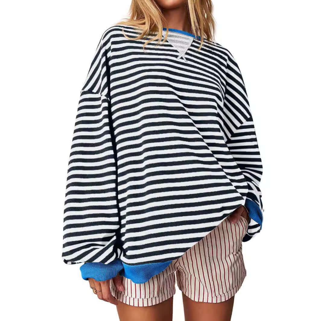 Women's Striped Embroidered Stitching Color Inserted Pullover Sweater