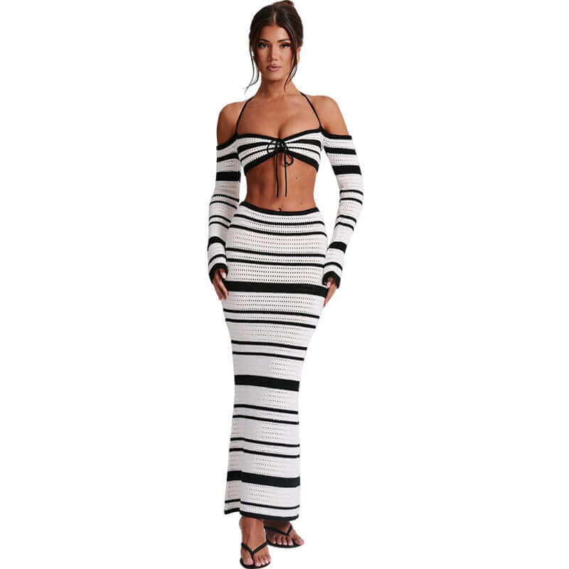 Women's Striped Off Shoulder Halter Lace Up Long Sleeve