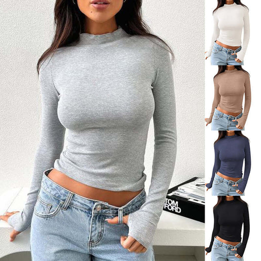 Slim Fit Half Collar Long Sleeves Thumb Hole Sweater