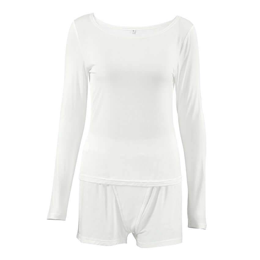 Slim Fit Soft Skin Friendly White Long Sleeve Shorts Two Piece Set Activewear