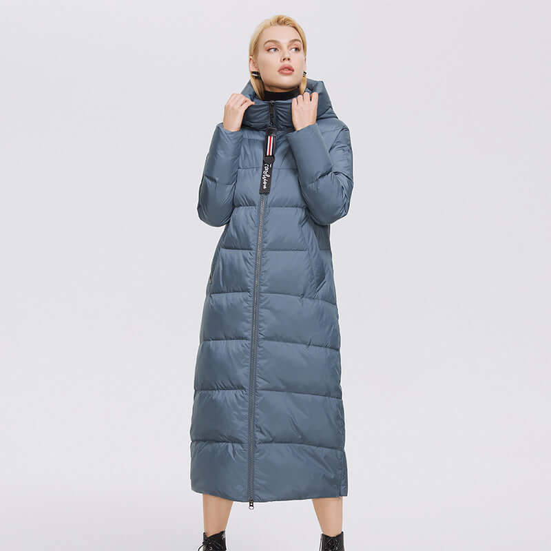 Hooded Stand Collar Coat Extra Long Thermal And Windproof Zipper Cotton Padded Coat