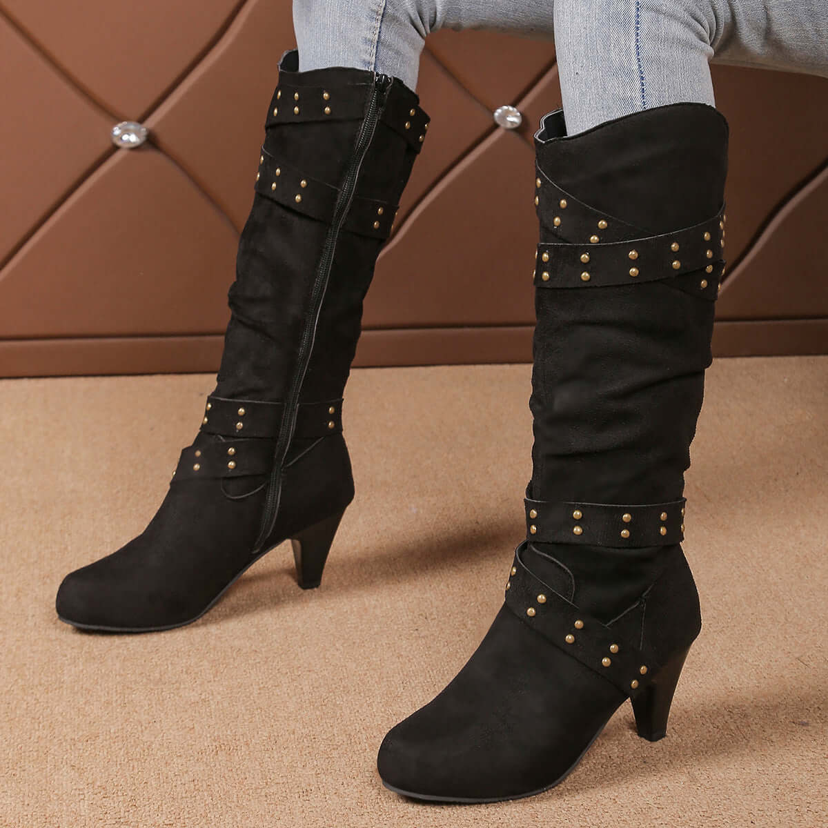 High Heel Boots With Cross Strap Rivet Western Cowboy Boot