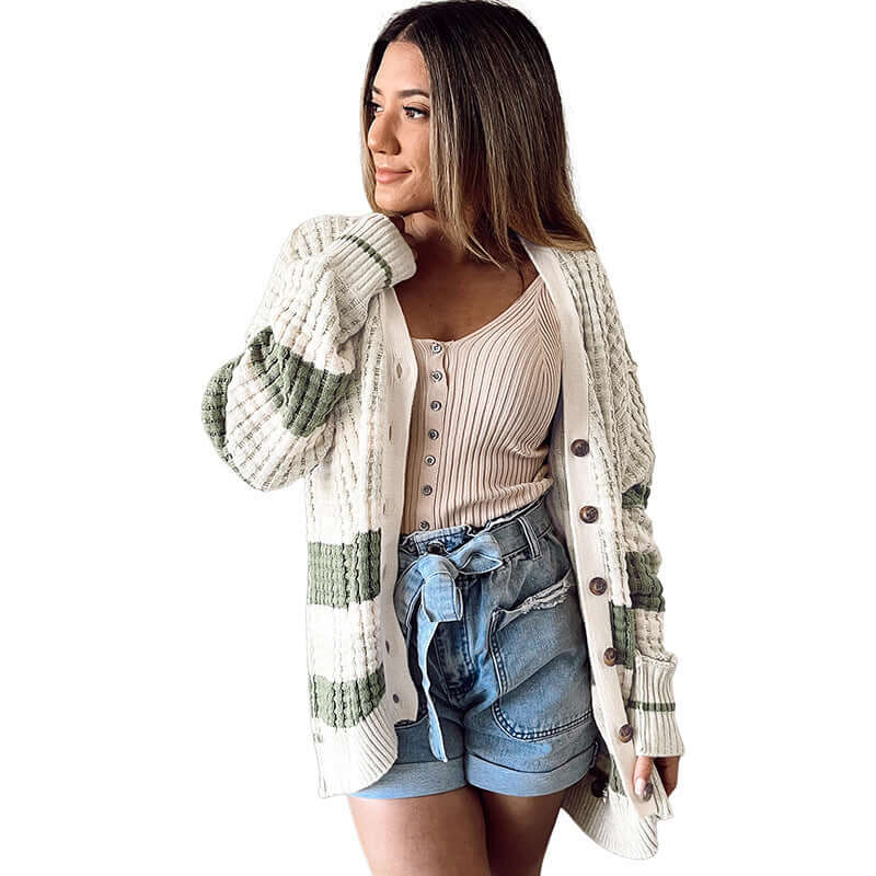 Women's Color Matching Long Sleeved Loose Cardigan