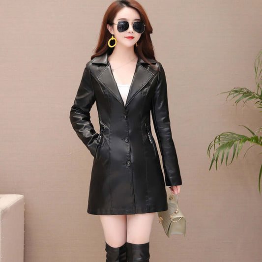 Women's Mid Length Leather Coat Thickened Cotton