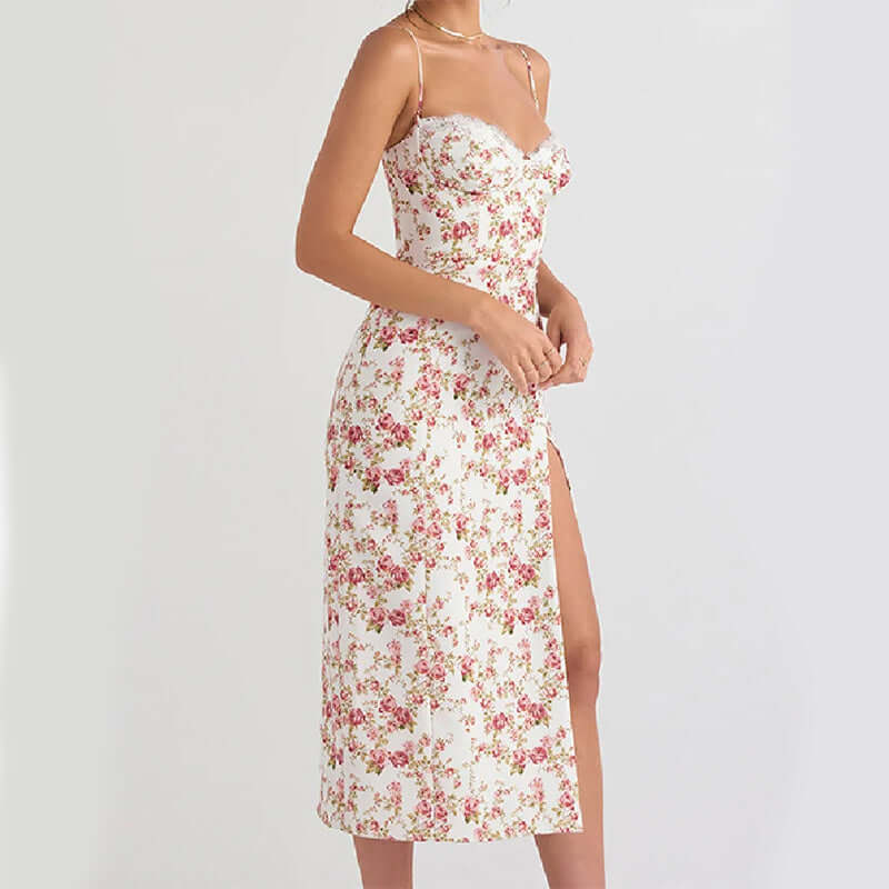 Lace Flowers Print Long Fashion Slit Summer Dress