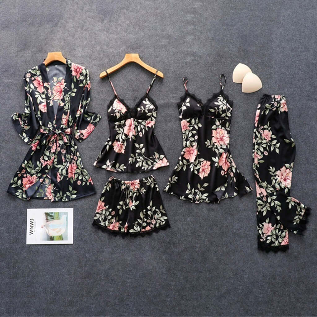 Pajamas Printed Women's Imitation Sling Sleeping Loose Comfortable Lace Five Piece Set