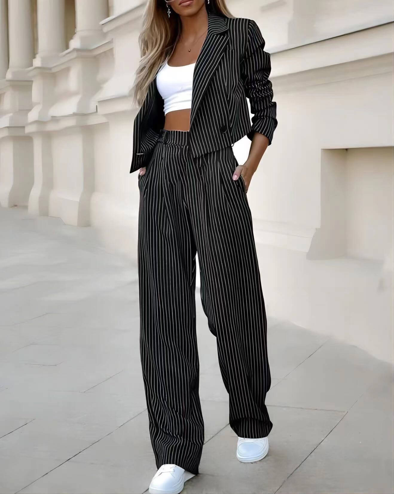 Fashion Striped Suits Casual Lapel Long Sleeve Cropped Top And Straight Pants