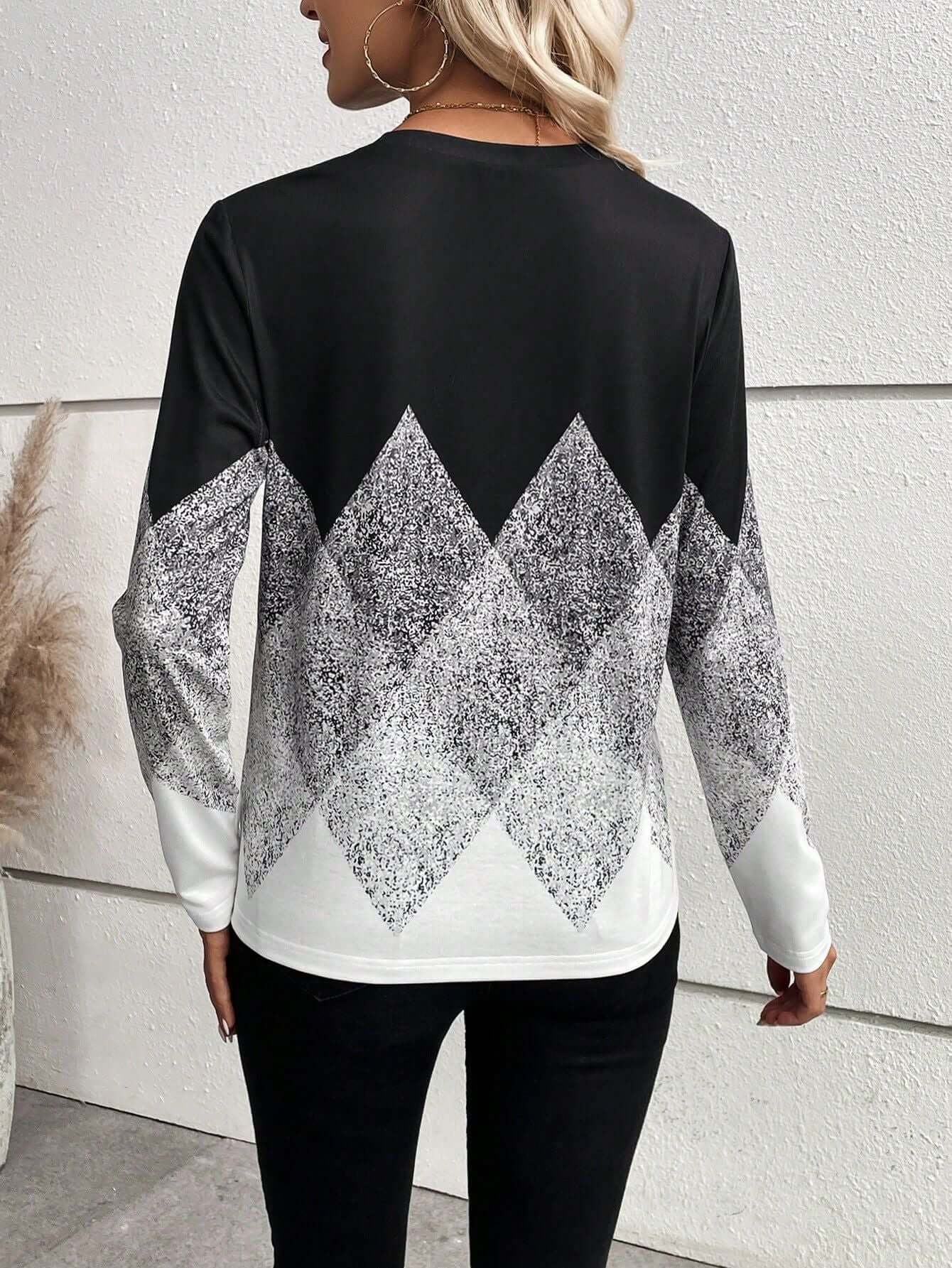 Digital Positioning Printing Round Neck Long Sleeve Top Female Pullover