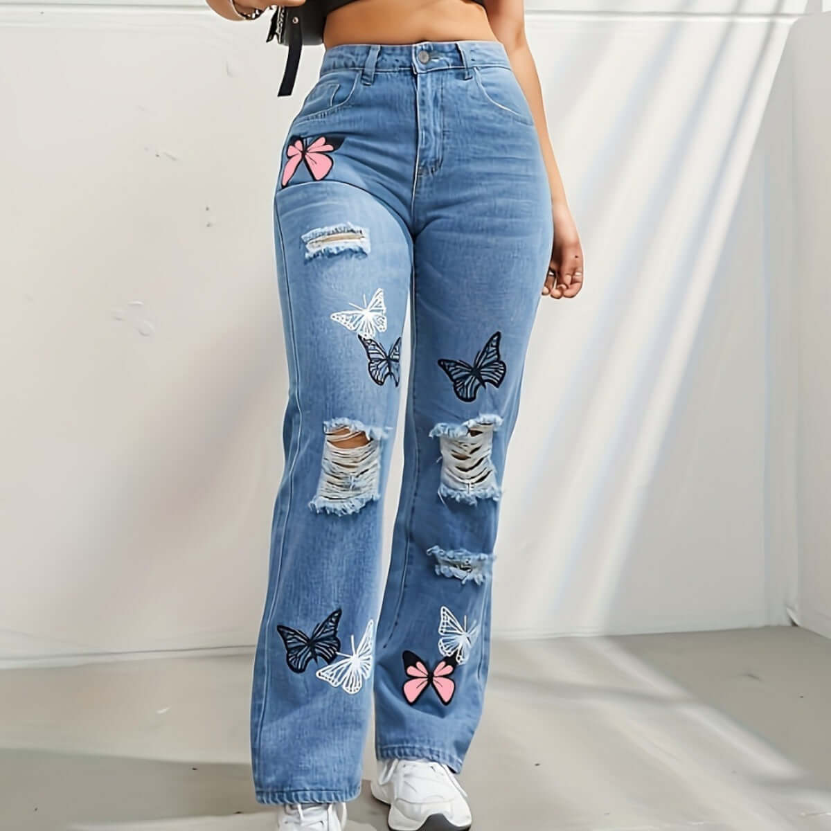 Trendy Butterfly Print Ripped Distressed High Waisted Straight Leg Jeans