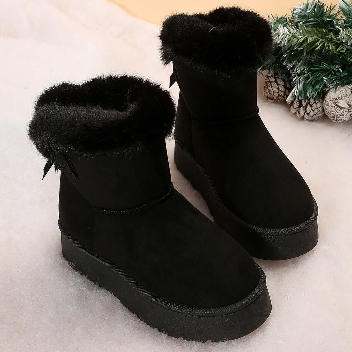 New Bow Knot Snow Boots Winter Plus Velvet Warm Thick Soled Ankle Boots For Women Simple Daily Leisure Cotton Slippers