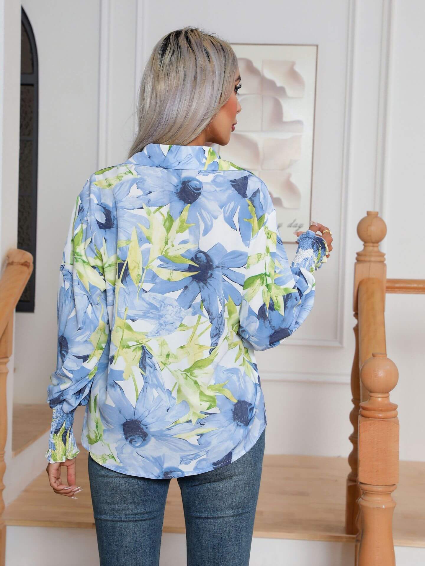 Fashion Printing Lantern Sleeve Shirt Women