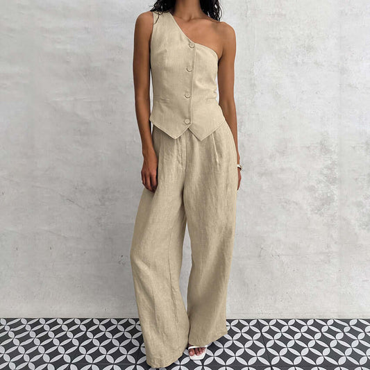 Cotton Linen Sleeveless Vest Irregular Collar Suit