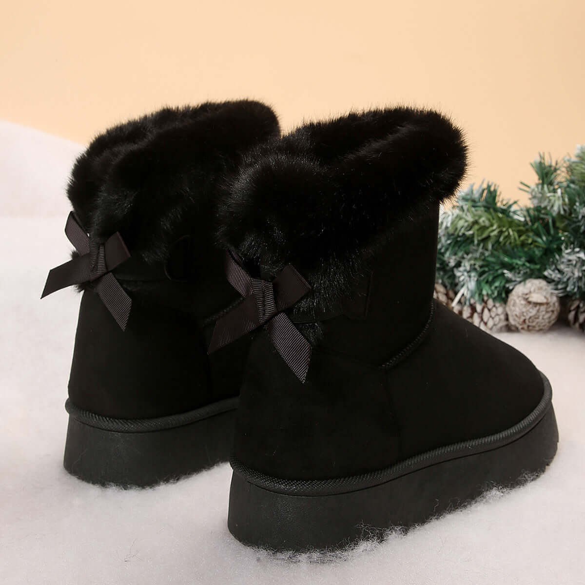 New Bow Knot Snow Boots Winter Plus Velvet Warm Thick Soled Ankle Boots For Women Simple Daily Leisure Cotton Slippers