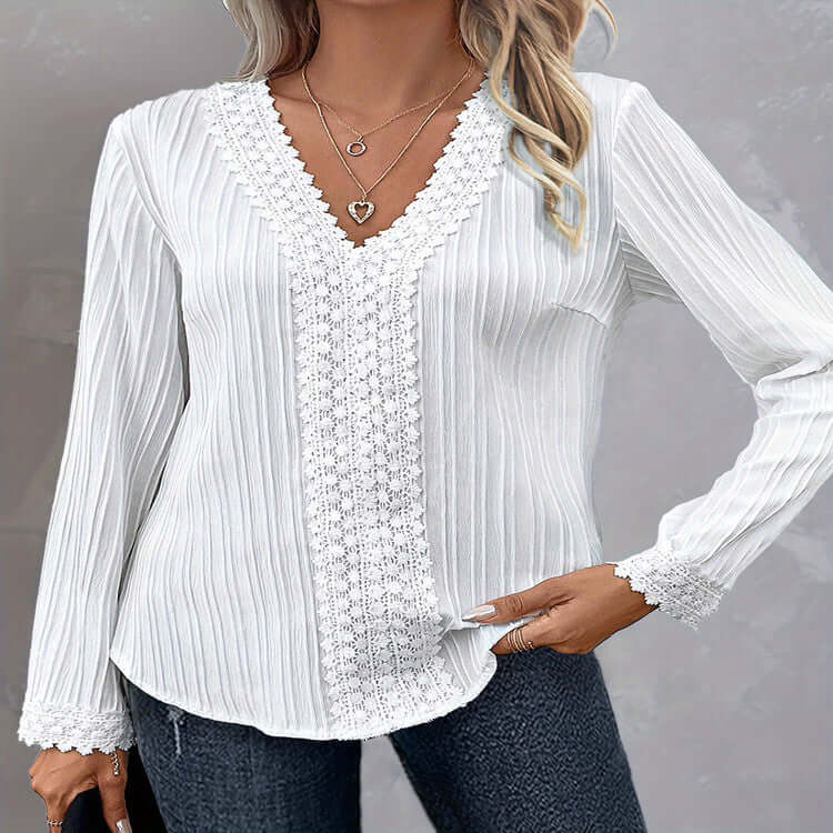 V Neck Elegant Lace Stitching Long Sleeved Shirt