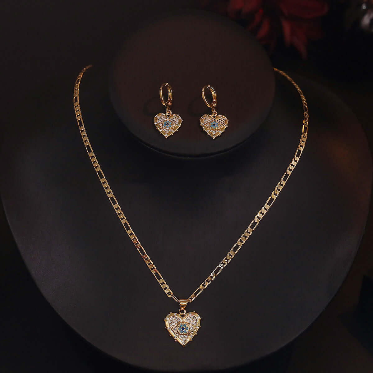 Fashion Jewelry Personality Copper Plated Real Gold Heart Shaped Zircon Pendant Necklace And Earrings Set