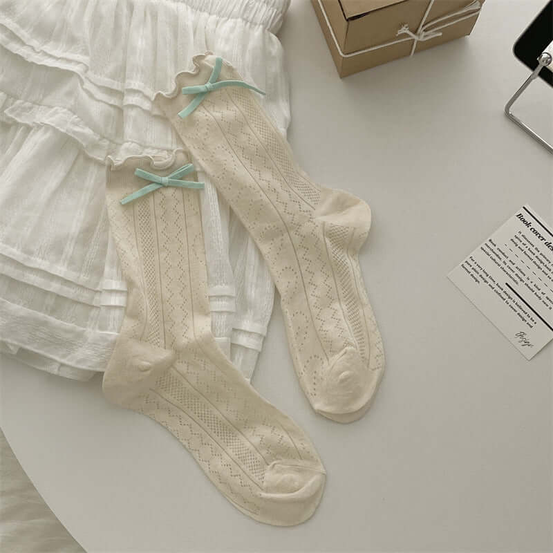 Thin Mesh Solid Color Bow Mid Calf Length Loose Socks Breathable Sweat Absorbing