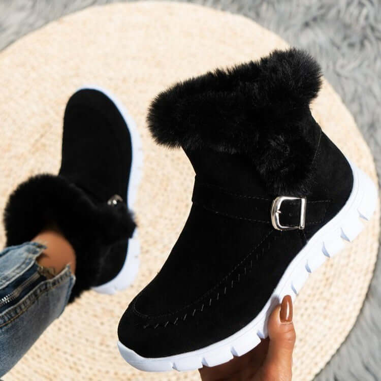 New Snow Boots Winter Warm Thickened Solid Color Plush Ankle Boots With Buckle Design Plus Velvet Flat Shoes