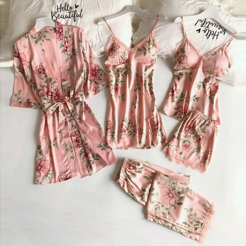 Pajamas Printed Women's Imitation Sling Sleeping Loose Comfortable Lace Five Piece Set