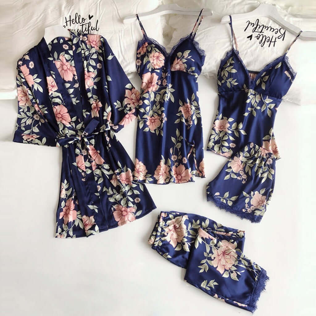 Pajamas Printed Women's Imitation Sling Sleeping Loose Comfortable Lace Five Piece Set