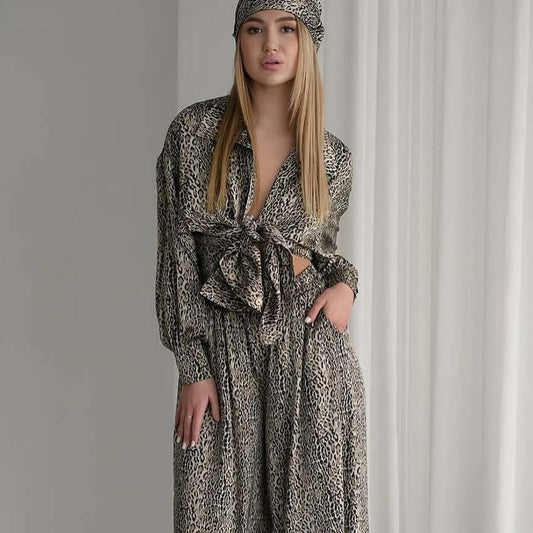 Fashionable Leopard Print Loose Ice Silk Pyjamas