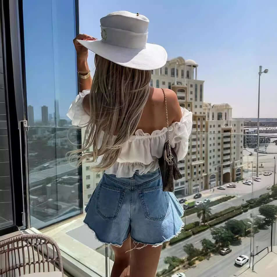 Women's Wide Leg Fringe Ripped Denim Shorts