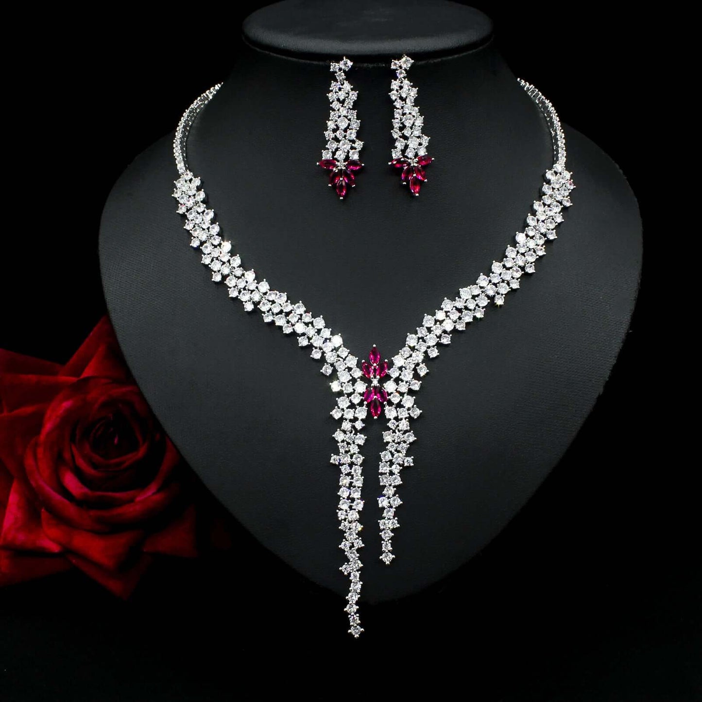 Silver Needle Fashion Exaggerated Inlaid Zircon Earrings And Necklace Set