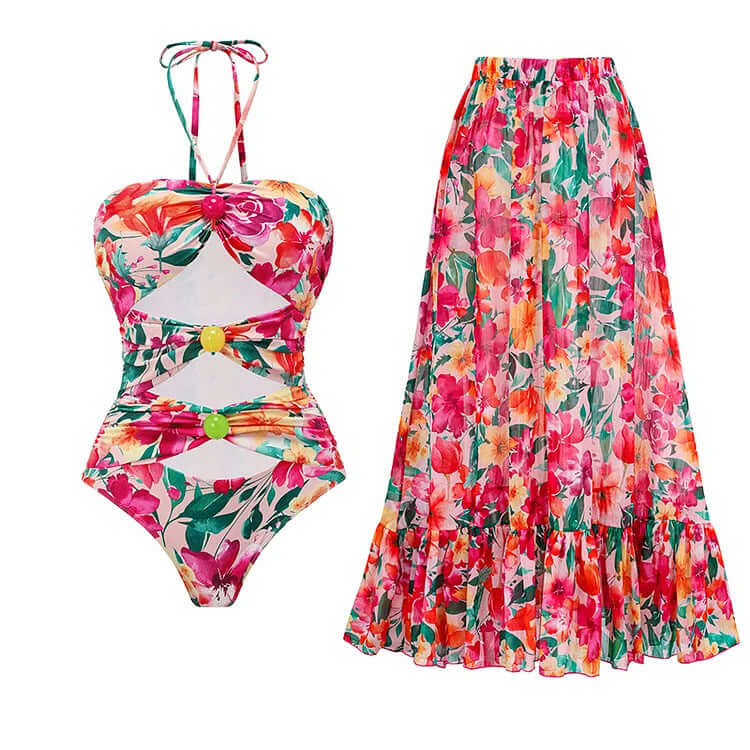 Flounced Backless Floral Beach Vacation Swimsuit Suit