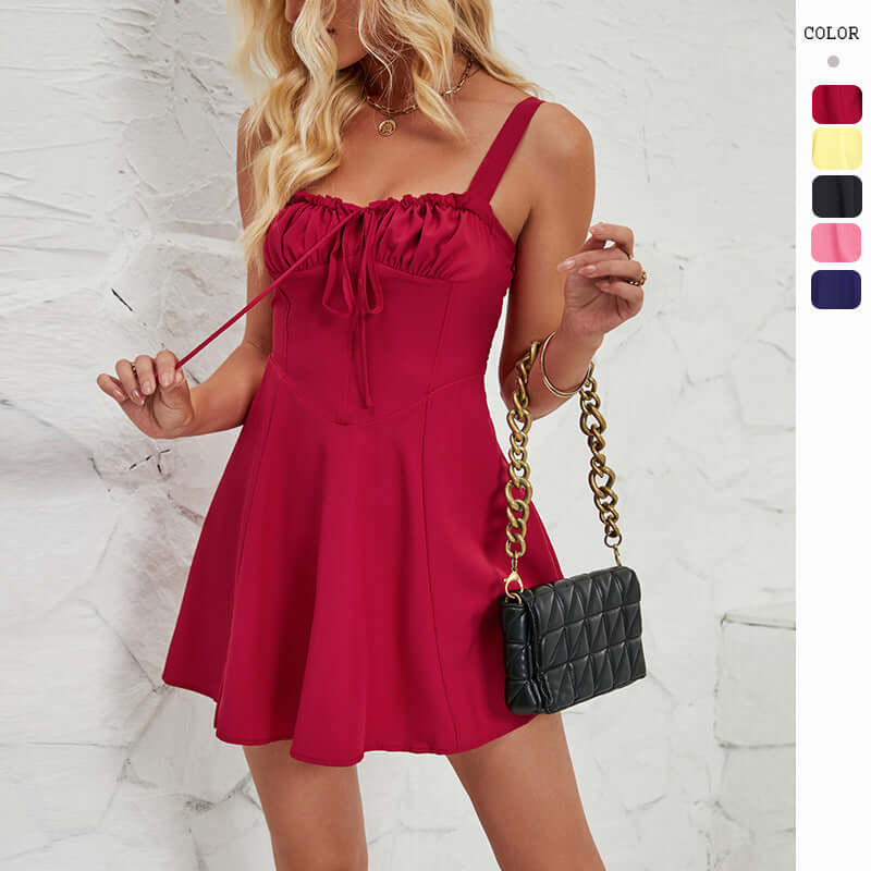 Sleeveless Solid Color A Line Dress Lace Up Suspender Mini Skirt