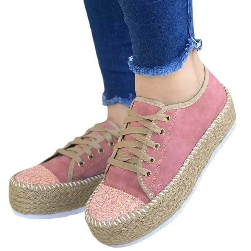 Sponge Cake Twine Bottom Sequined Lace Up Platform Fisherman Casual Shoes